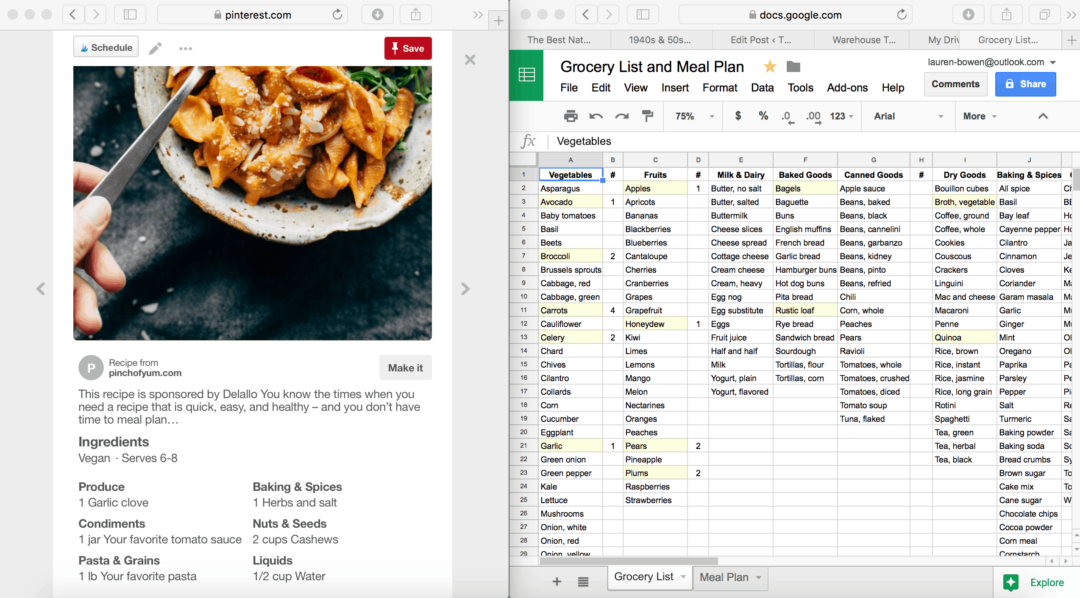 using google sheets for meal planning