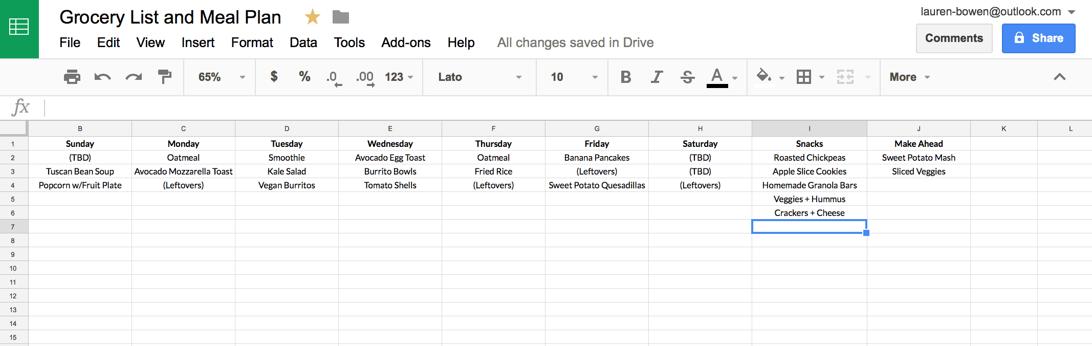 google sheets meal planning template