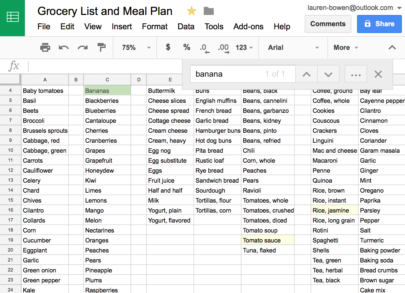 google sheets for grocery shopping